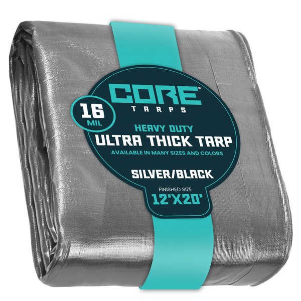 Core Tarps 20 ft L x 0.5 mm H x 12 ft W Heavy Duty 16 Mil Tarp, Silver/Black, Polyethylene CT-301-12X20